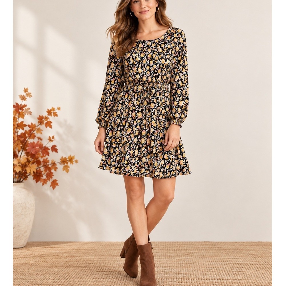 LOFT Large Black Floral Rayon Midi Dress Long Sleeve Boho Tiered Cottagecore
